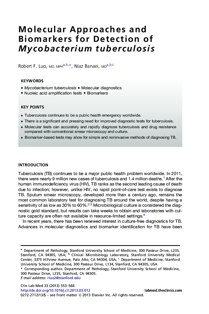 Molecular Approaches and Biomarkers for Detection of Mycobacterium tuberculosis