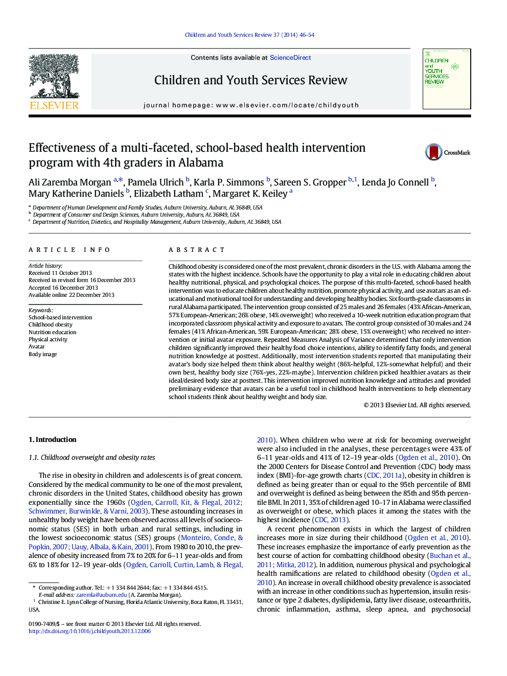 Effectiveness of a multi-faceted, school-based health intervention program with 4th graders in Alabama