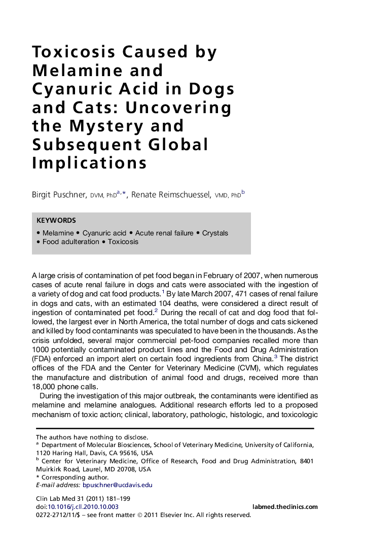 Toxicosis Caused by Melamine and Cyanuric Acid in Dogs and Cats: Uncovering the Mystery and Subsequent Global Implications