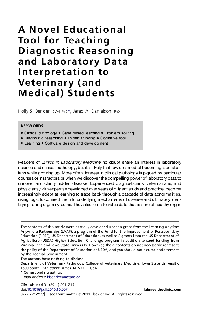 A Novel Educational Tool for Teaching Diagnostic Reasoning and Laboratory Data Interpretation to Veterinary (and Medical) Students