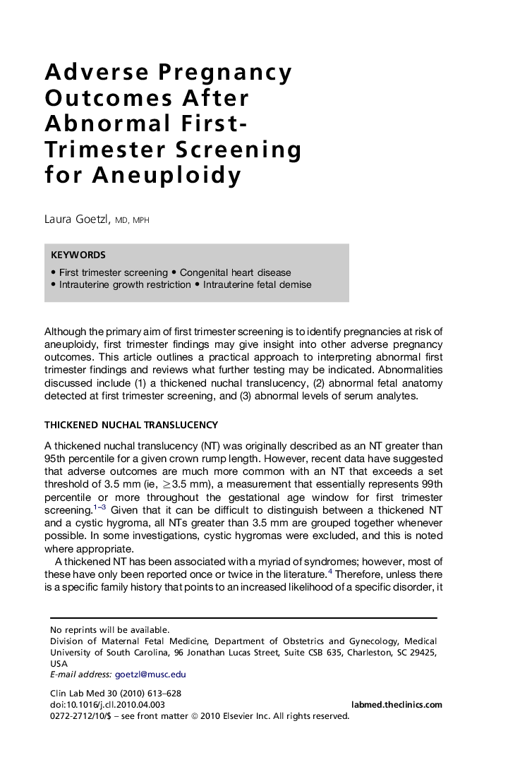 Adverse Pregnancy Outcomes After Abnormal First-Trimester Screening for Aneuploidy