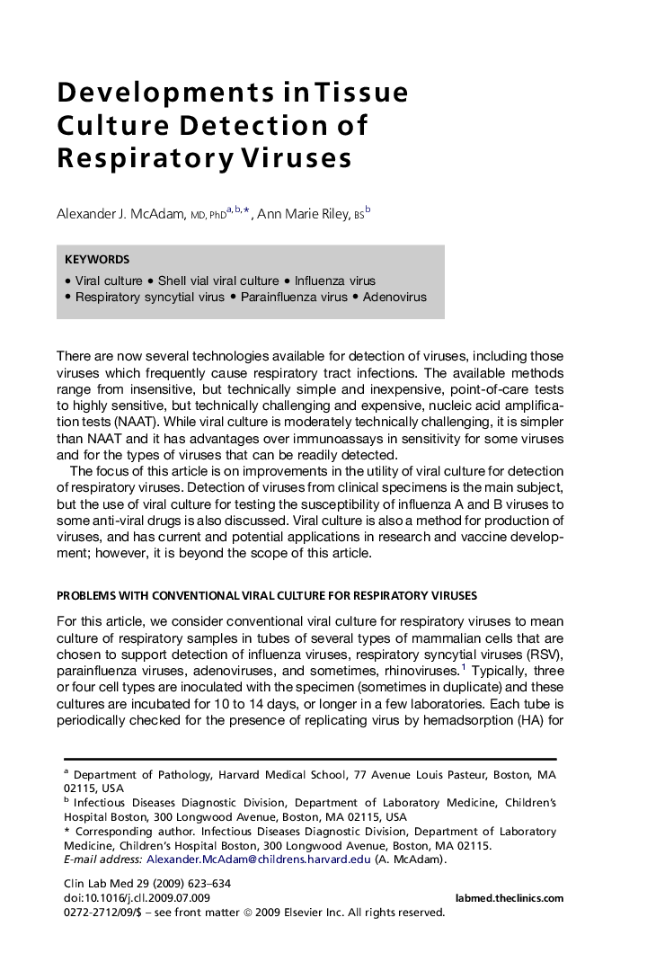 Developments in Tissue Culture Detection of Respiratory Viruses