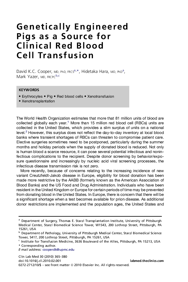 Genetically Engineered Pigs as a Source for Clinical Red Blood Cell Transfusion