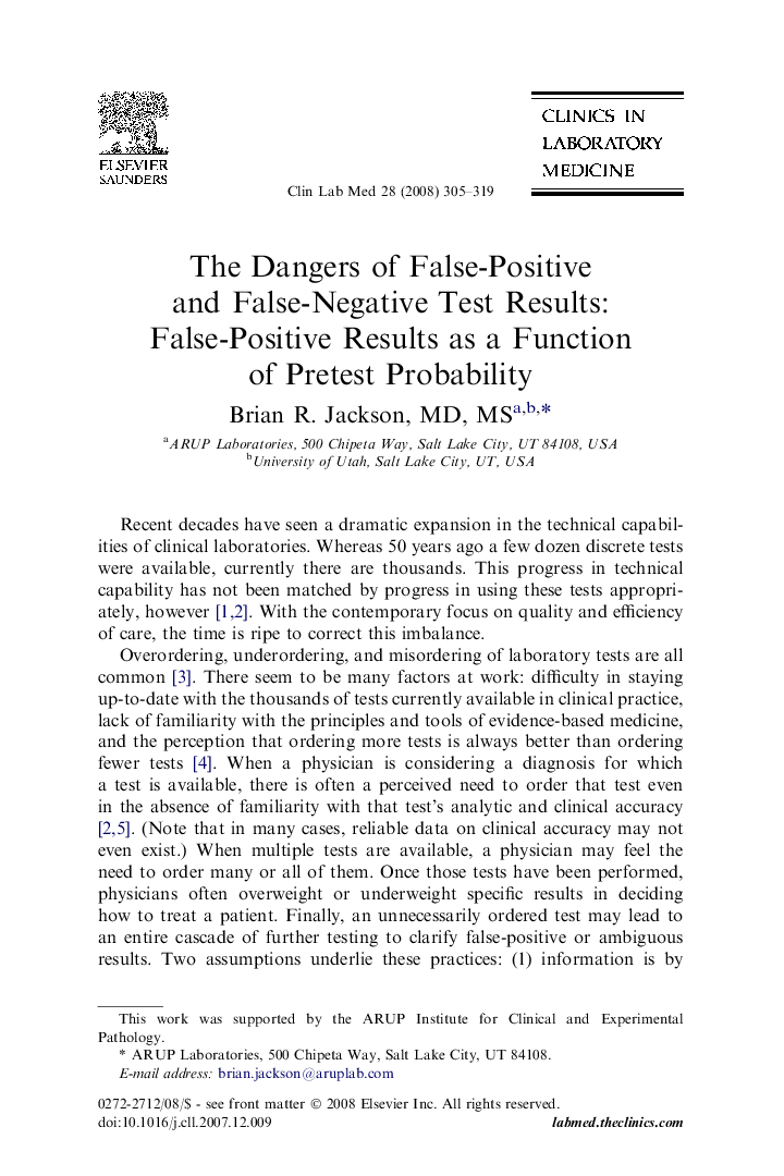 عکس صفحه اول مقاله: The Dangers of False-Positive and False-Negative Test Results: False-Positive Results as a Function of Pretest Probability The Dangers of False-Positive and False-Negative Test Results: False-Positive Results as a Function of Pretest Probability