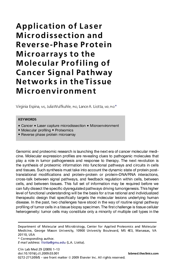 Application of Laser Microdissection and Reverse-Phase Protein Microarrays to the Molecular Profiling of Cancer Signal Pathway Networks in the Tissue Microenvironment