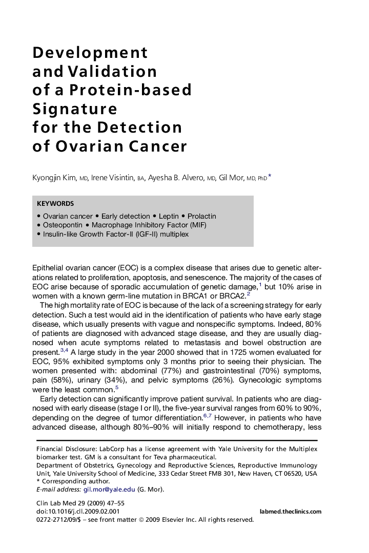 Development and Validation of a Protein-based Signature for the Detection of Ovarian Cancer 