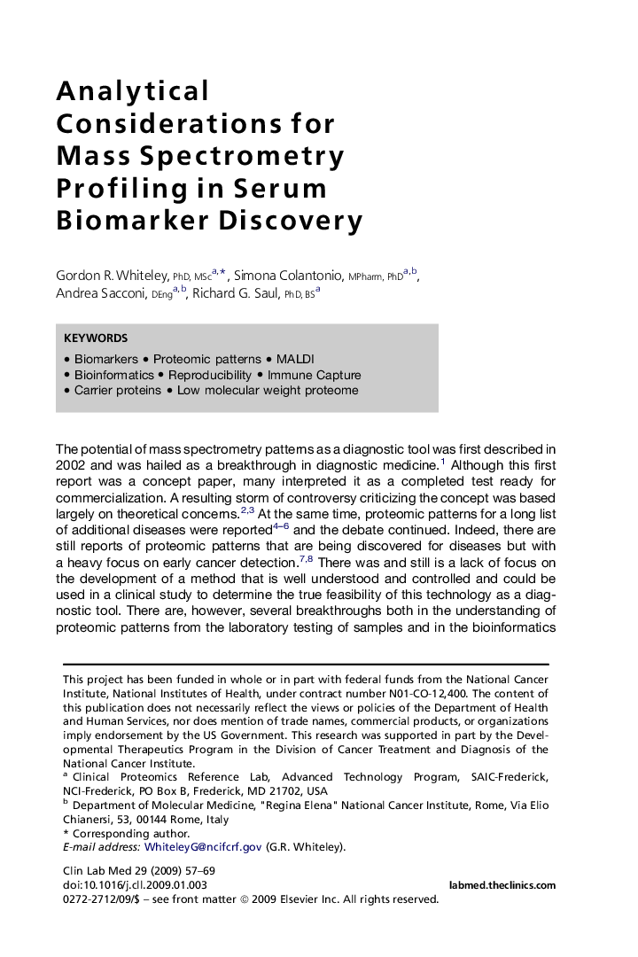 Analytical Considerations for Mass Spectrometry Profiling in Serum Biomarker Discovery 