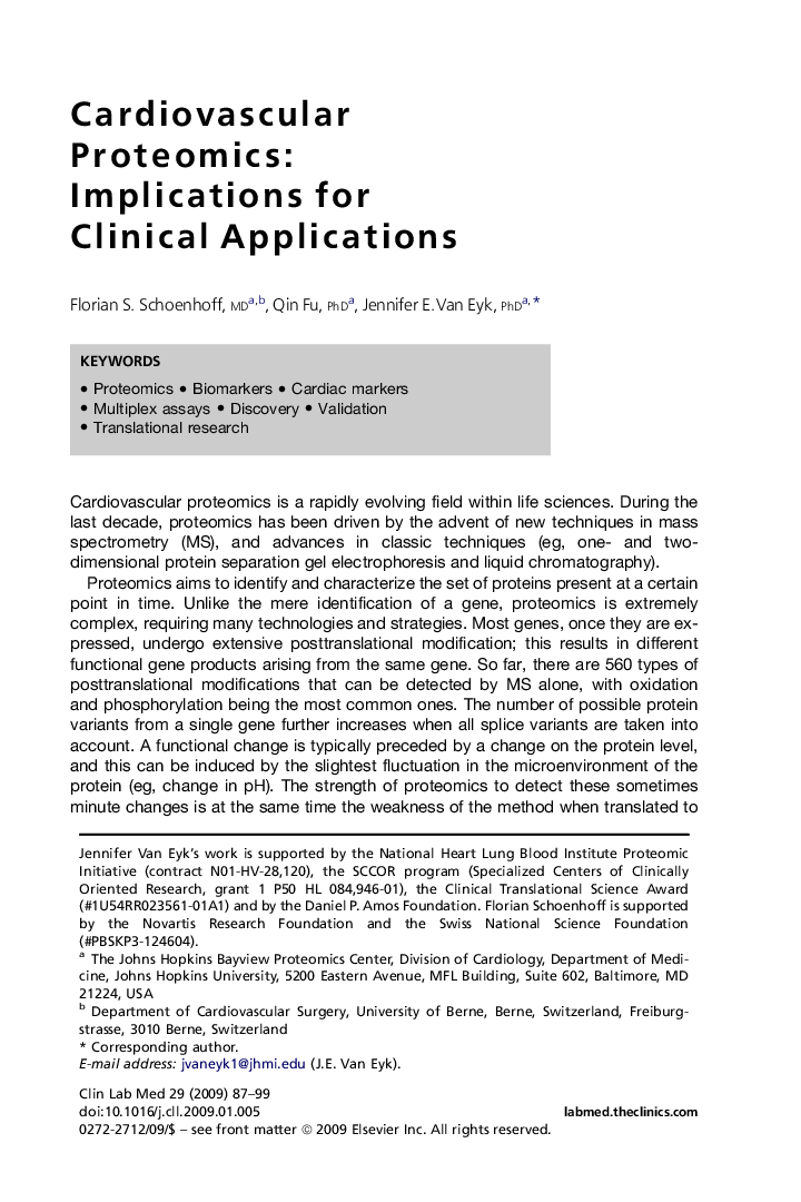 Cardiovascular Proteomics: Implications for Clinical Applications 
