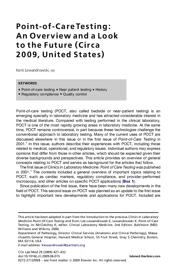 Point-of-Care Testing: An Overview and a Look to the Future (Circa 2009, United States)