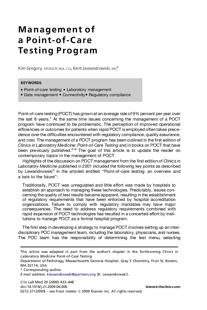 عکس صفحه اول مقاله: Management of a Point-of-Care Testing Program Management of a Point-of-Care Testing Program