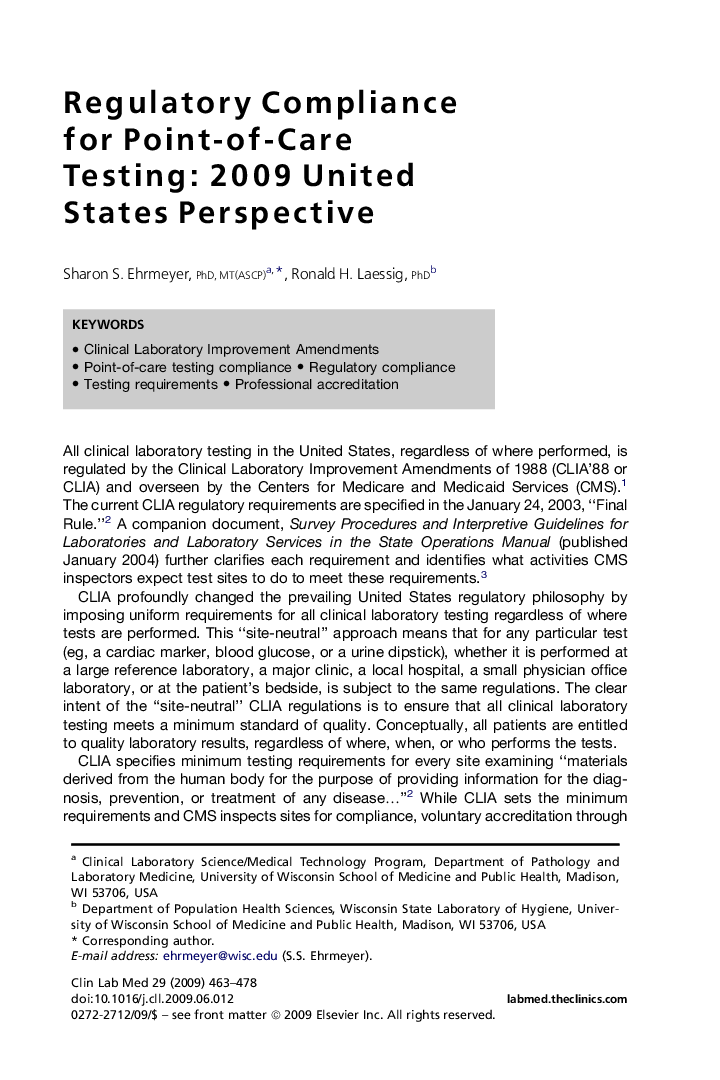 Regulatory Compliance for Point-of-Care Testing: 2009 United States Perspective