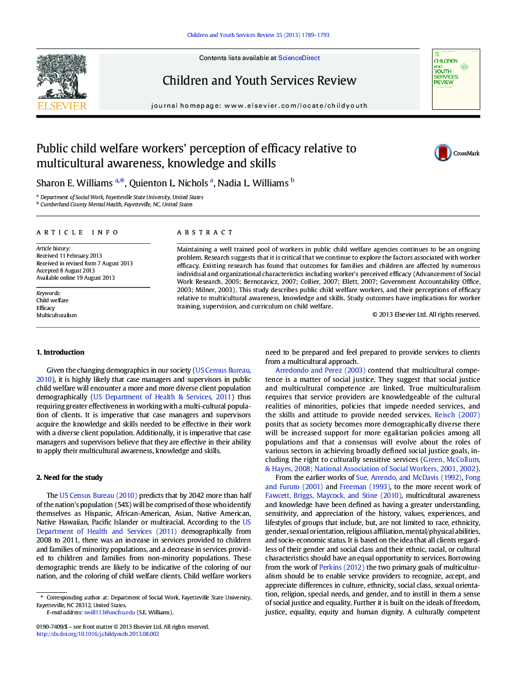 Public child welfare workers' perception of efficacy relative to multicultural awareness, knowledge and skills