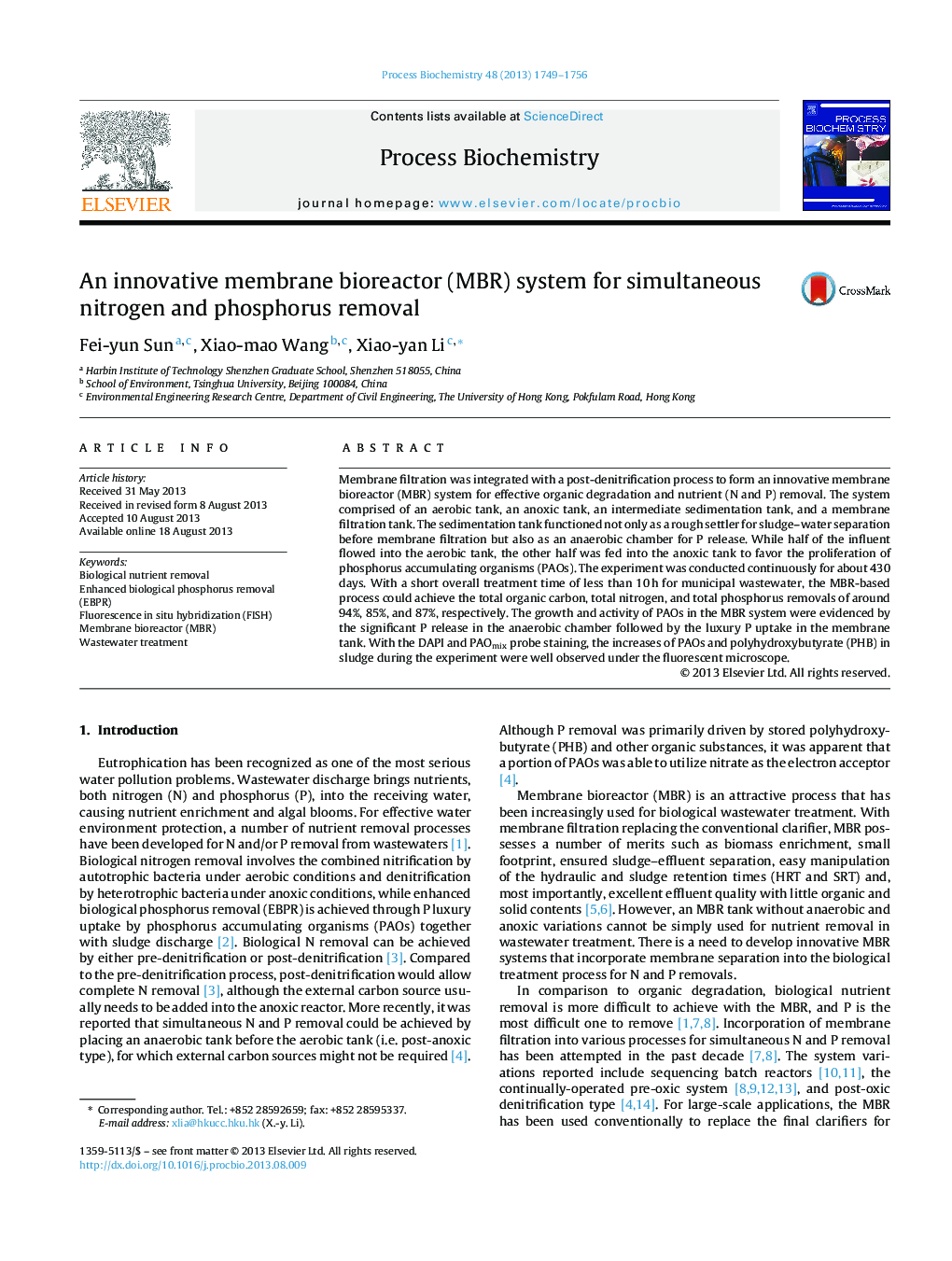 An innovative membrane bioreactor (MBR) system for simultaneous nitrogen and phosphorus removal