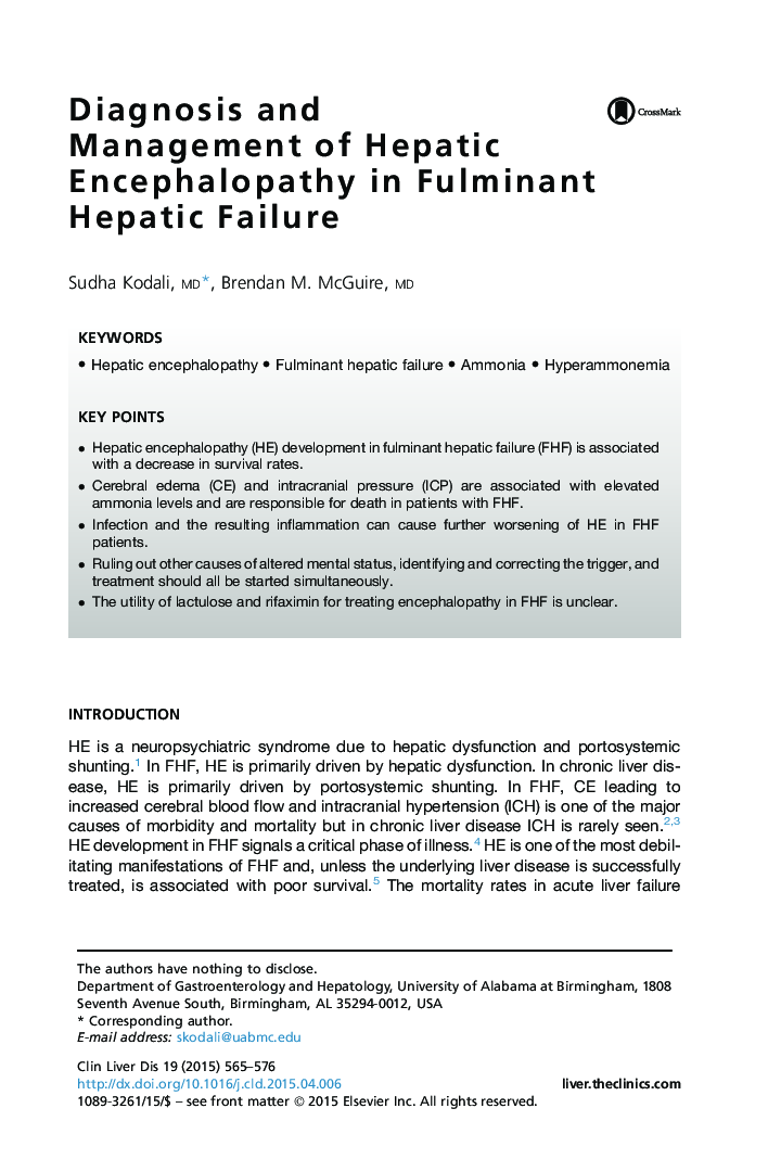 Diagnosis and Management of Hepatic Encephalopathy in Fulminant Hepatic Failure
