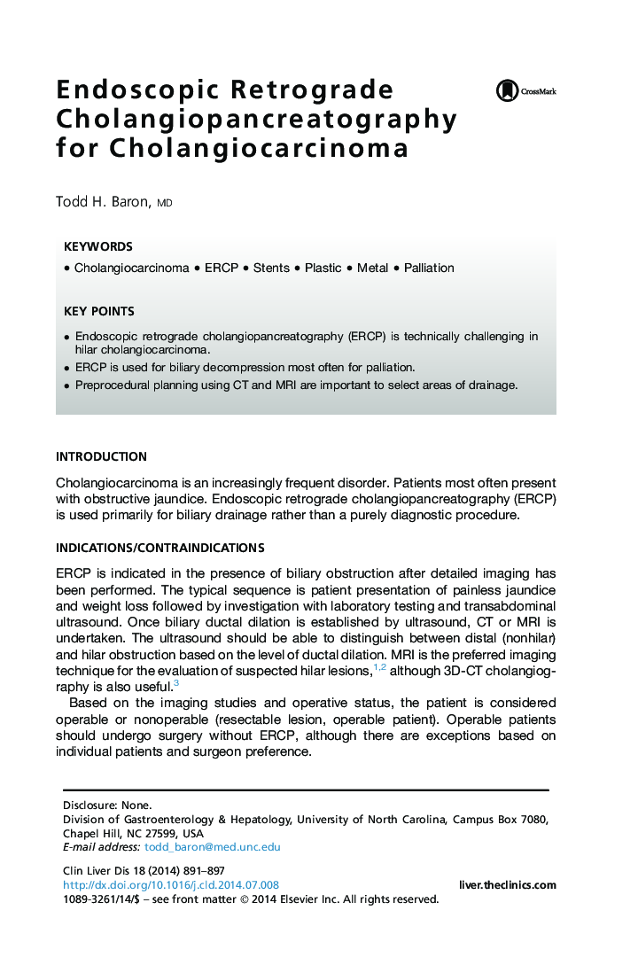 Endoscopic Retrograde Cholangiopancreatography for Cholangiocarcinoma