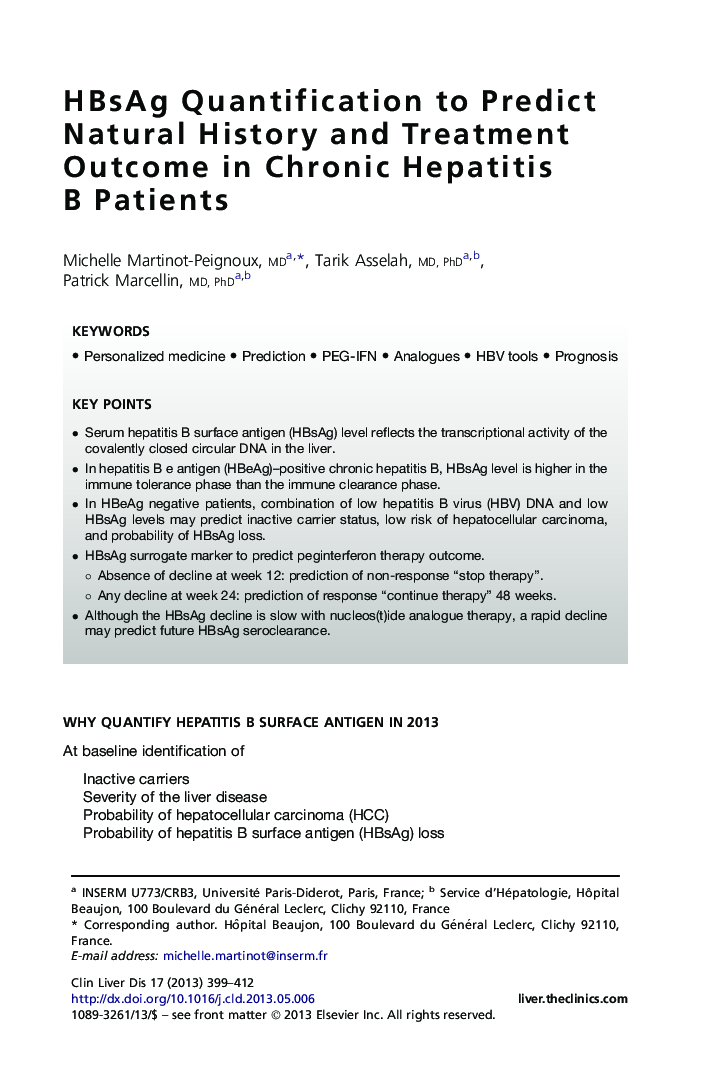 HBsAg Quantification to Predict Natural History and Treatment Outcome in Chronic Hepatitis BÂ Patients