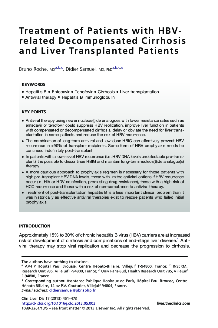 Treatment of Patients with HBV-related Decompensated Cirrhosis and Liver Transplanted Patients