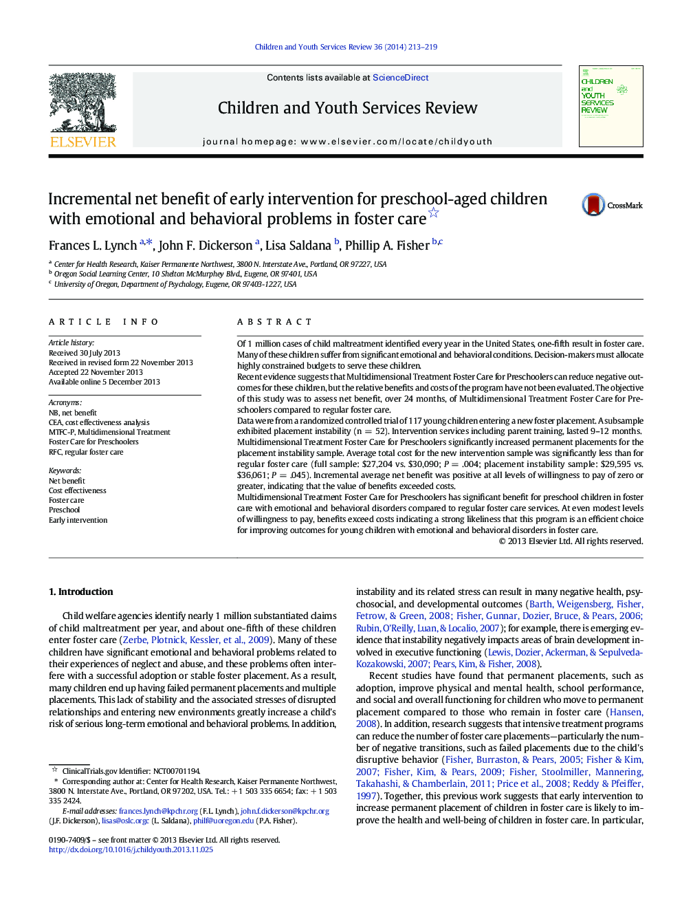 Incremental net benefit of early intervention for preschool-aged children with emotional and behavioral problems in foster care 