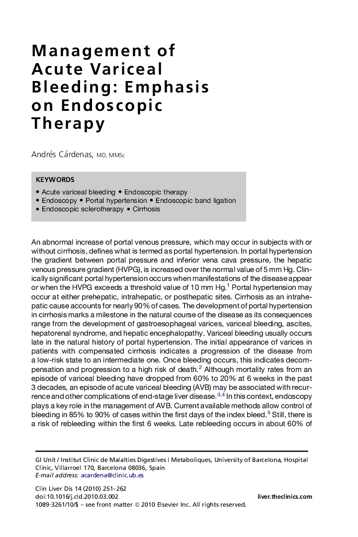 Management of Acute Variceal Bleeding: Emphasis on Endoscopic Therapy