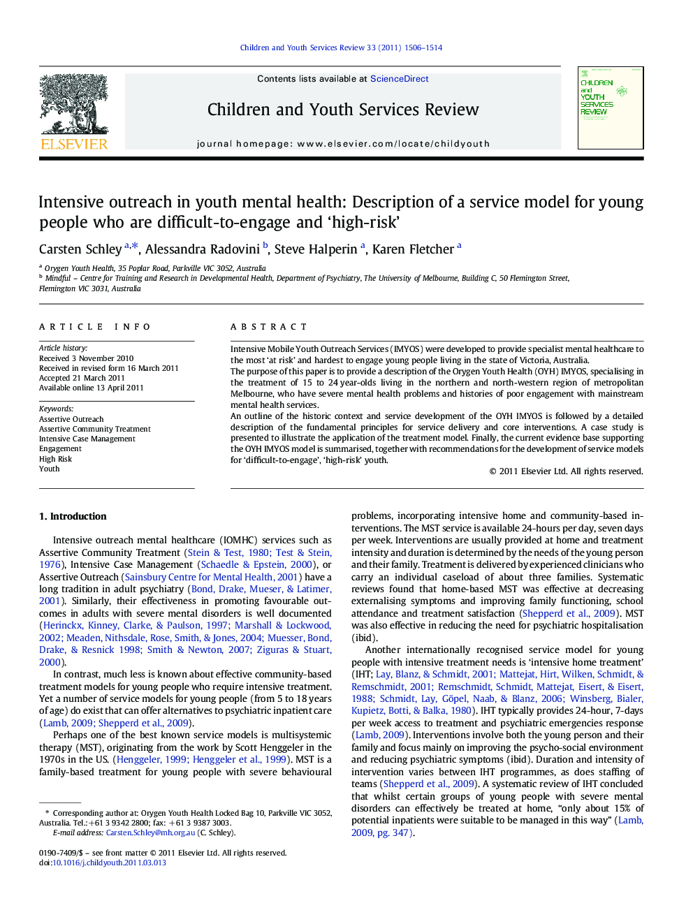 Intensive outreach in youth mental health: Description of a service model for young people who are difficult-to-engage and ‘high-risk’