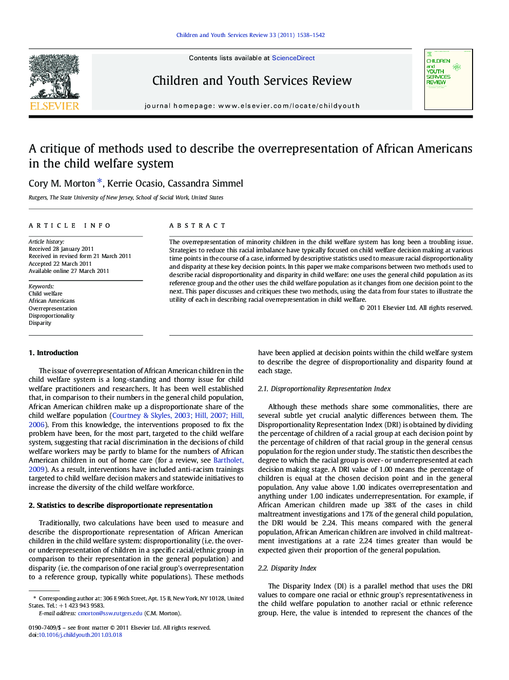 A critique of methods used to describe the overrepresentation of African Americans in the child welfare system