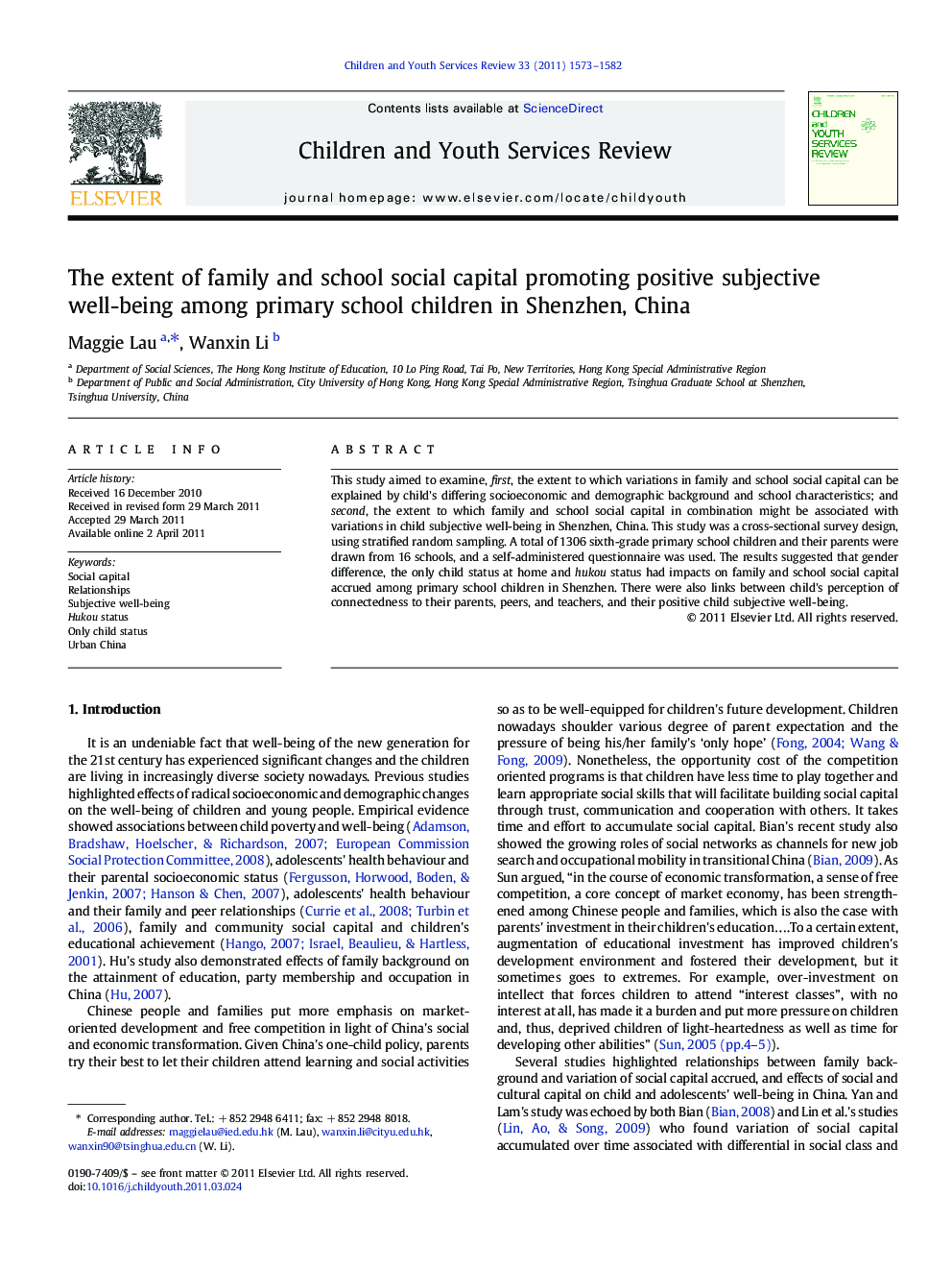 The extent of family and school social capital promoting positive subjective well-being among primary school children in Shenzhen, China