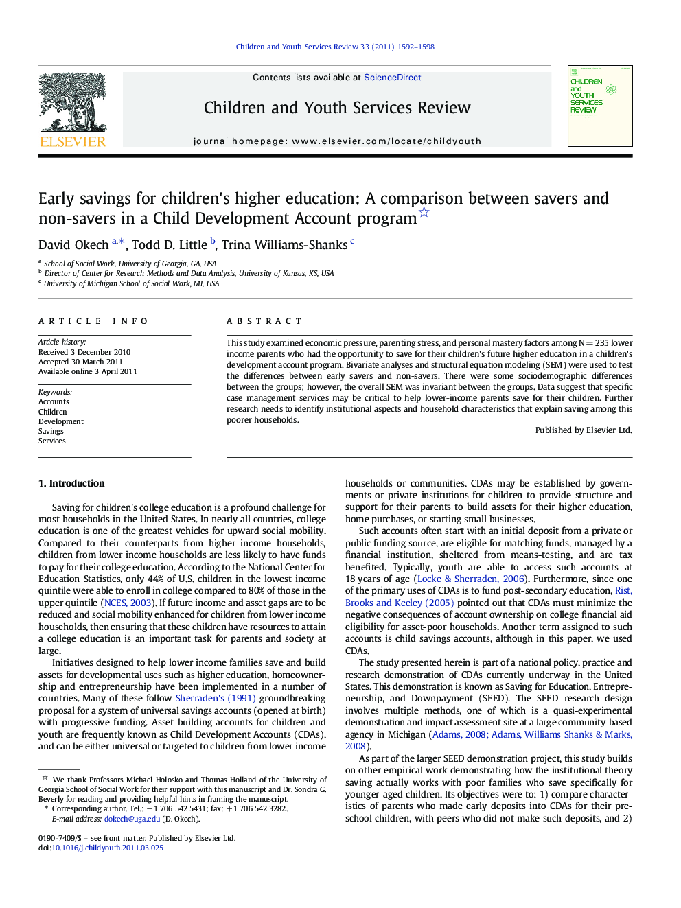 Early savings for children's higher education: A comparison between savers and non-savers in a Child Development Account program 