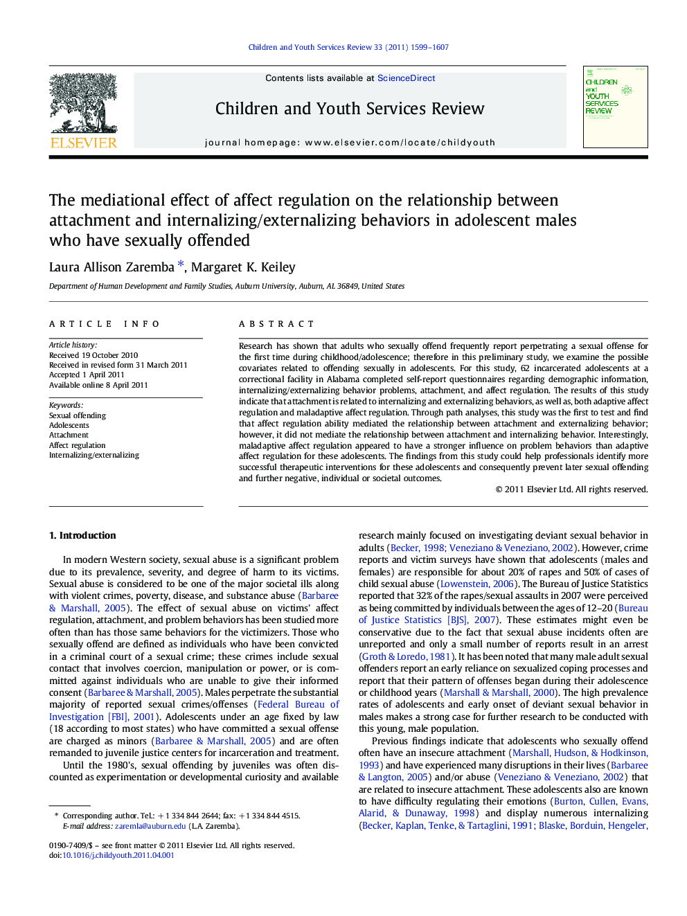 The mediational effect of affect regulation on the relationship between attachment and internalizing/externalizing behaviors in adolescent males who have sexually offended