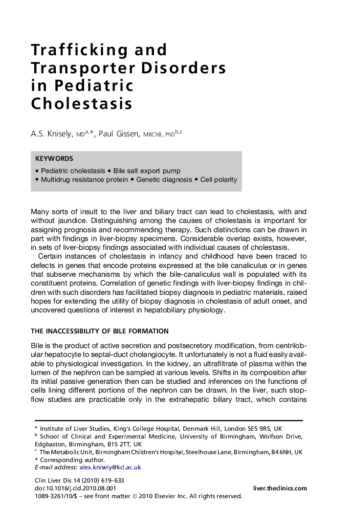 Trafficking and Transporter Disorders in Pediatric Cholestasis