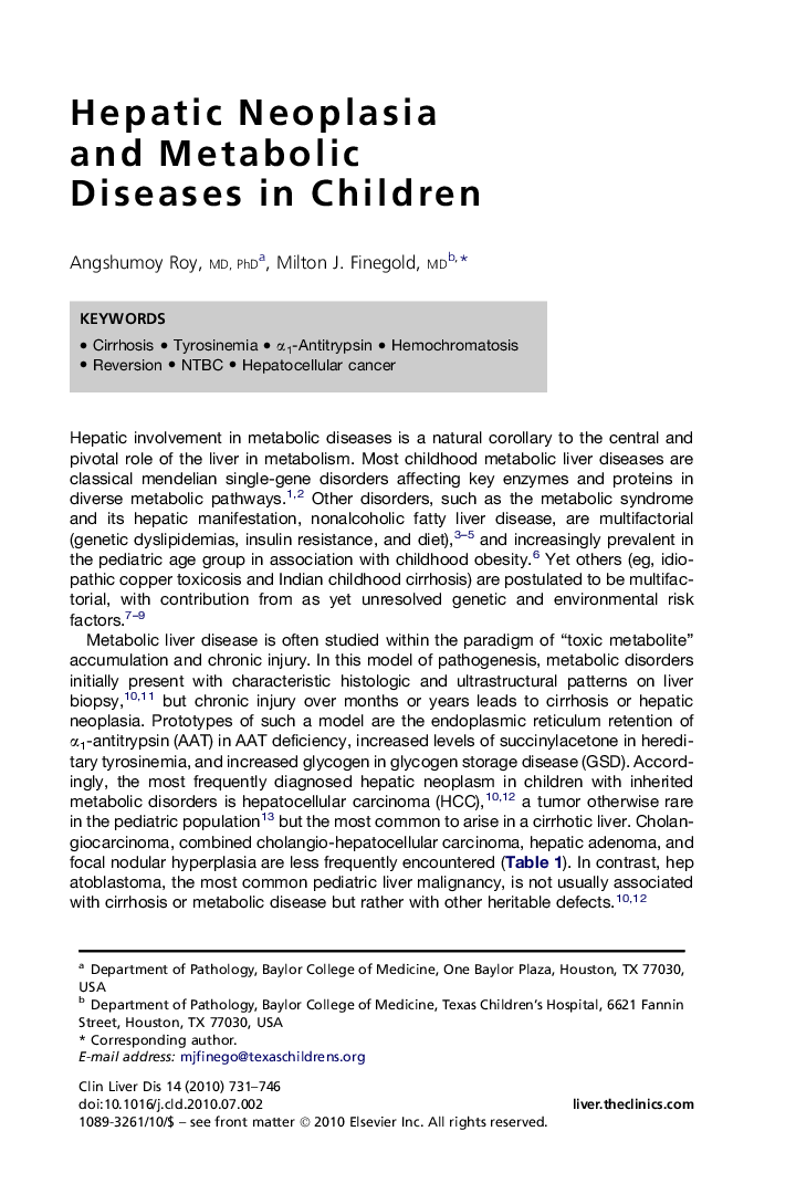 Hepatic Neoplasia and Metabolic Diseases in Children