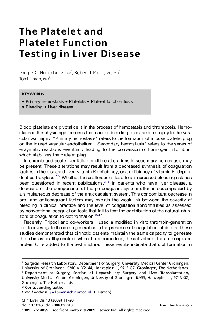 The Platelet and Platelet Function Testing in Liver Disease