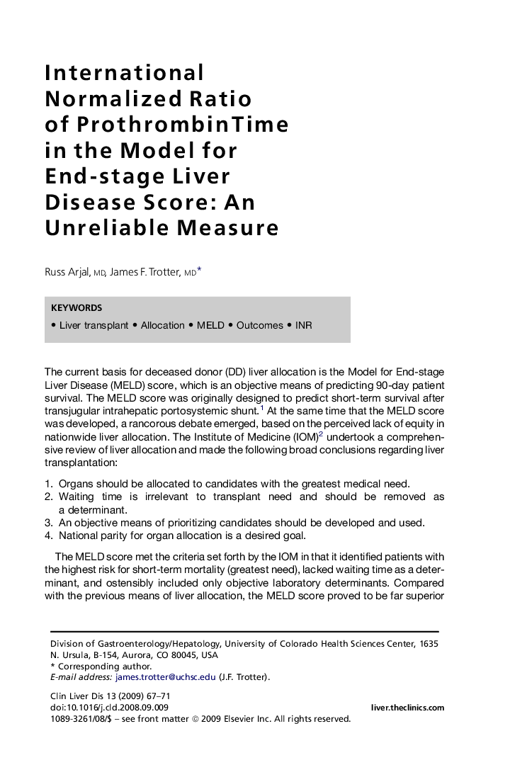 International Normalized Ratio of Prothrombin Time in the Model for End-stage Liver Disease Score: An Unreliable Measure