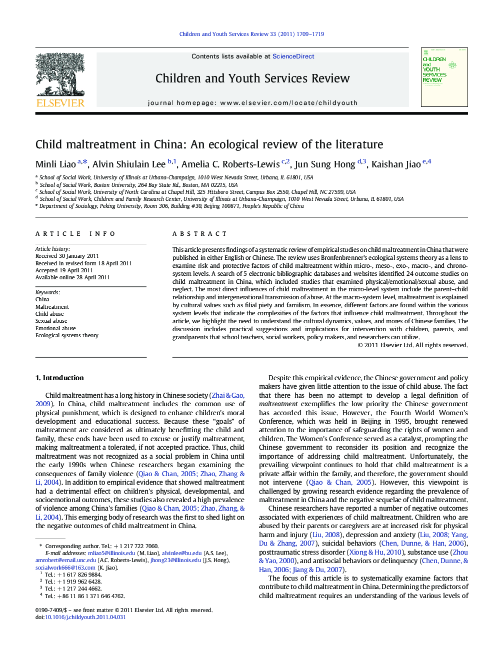 Child maltreatment in China: An ecological review of the literature