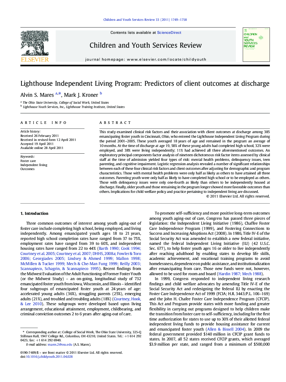 عکس صفحه اول مقاله: Lighthouse Independent Living Program: Predictors of client outcomes at discharge Lighthouse Independent Living Program: Predictors of client outcomes at discharge