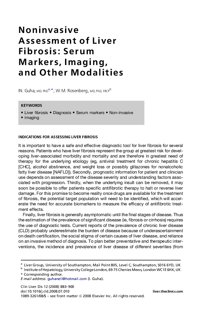 Noninvasive Assessment of Liver Fibrosis: Serum Markers, Imaging, and Other Modalities