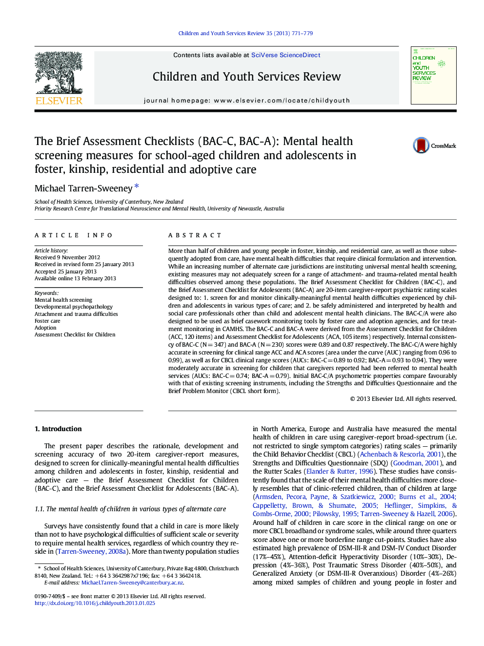 The Brief Assessment Checklists (BAC-C, BAC-A): Mental health screening measures for school-aged children and adolescents in foster, kinship, residential and adoptive care