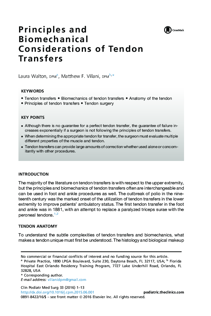 Principles and Biomechanical Considerations of Tendon Transfers