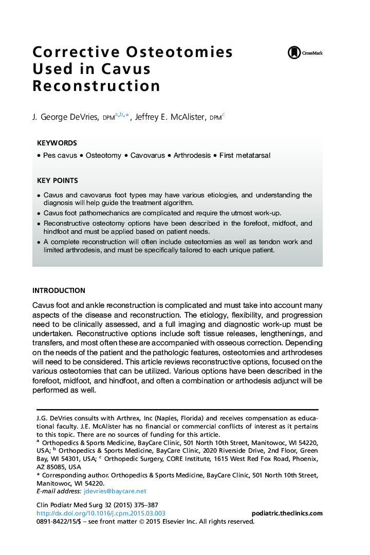 Corrective Osteotomies Used in Cavus Reconstruction