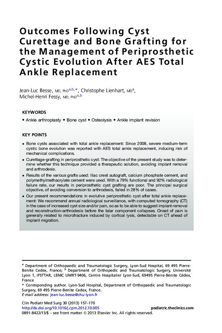 Outcomes Following Cyst Curettage and Bone Grafting for the Management of Periprosthetic Cystic Evolution After AES Total Ankle Replacement