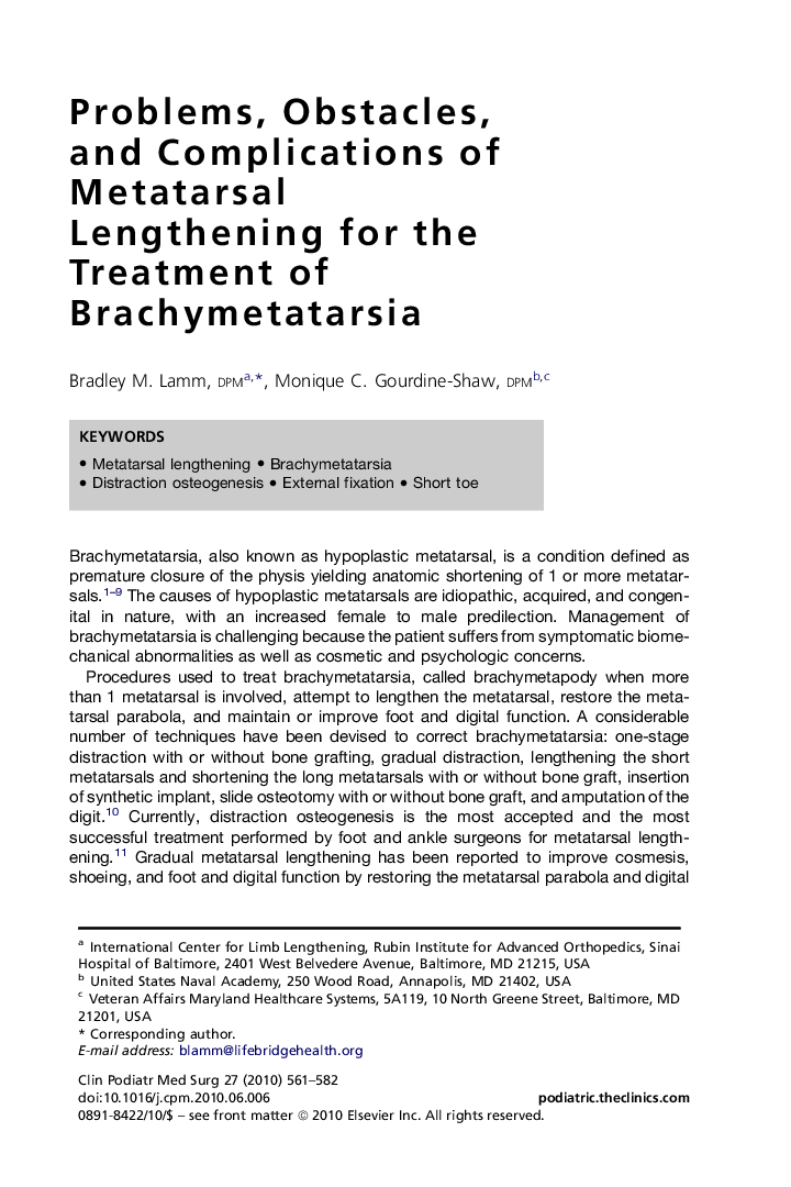 Problems, Obstacles, and Complications of Metatarsal Lengthening for the Treatment of Brachymetatarsia