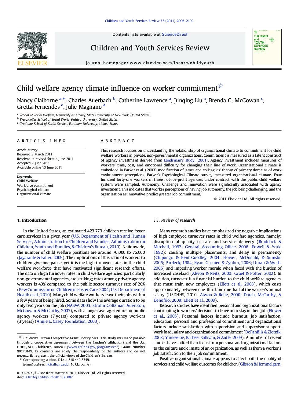 Child welfare agency climate influence on worker commitment 