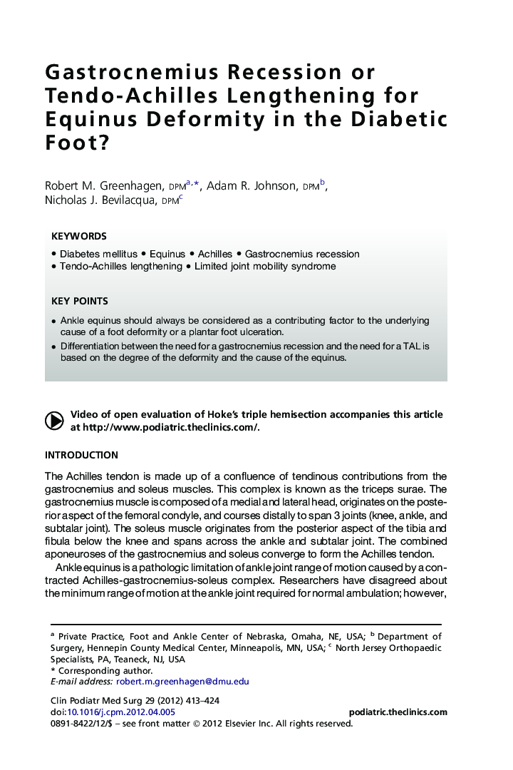 Gastrocnemius Recession or Tendo-Achilles Lengthening for Equinus Deformity in the Diabetic Foot?