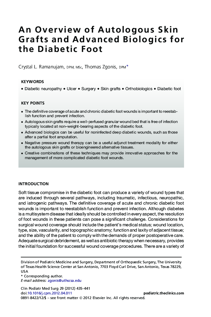 An Overview of Autologous Skin Grafts and Advanced Biologics for the Diabetic Foot