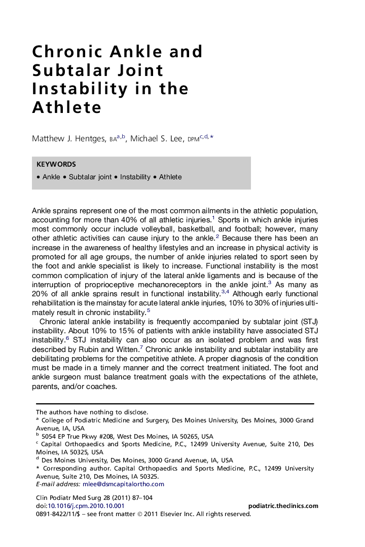 Chronic Ankle and Subtalar Joint Instability in the Athlete