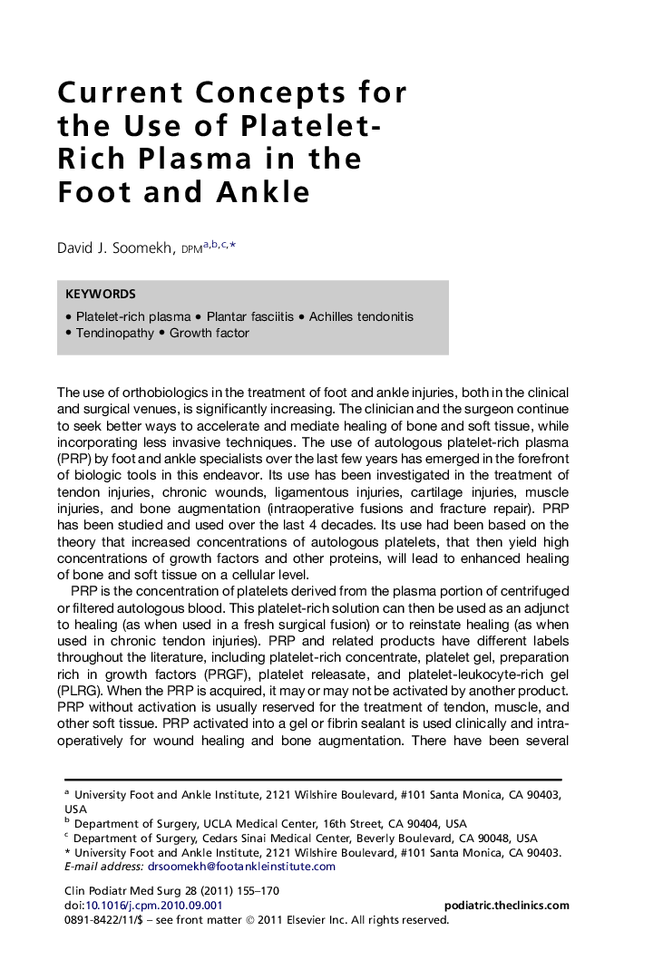 Current Concepts for the Use of Platelet-Rich Plasma in the Foot and Ankle