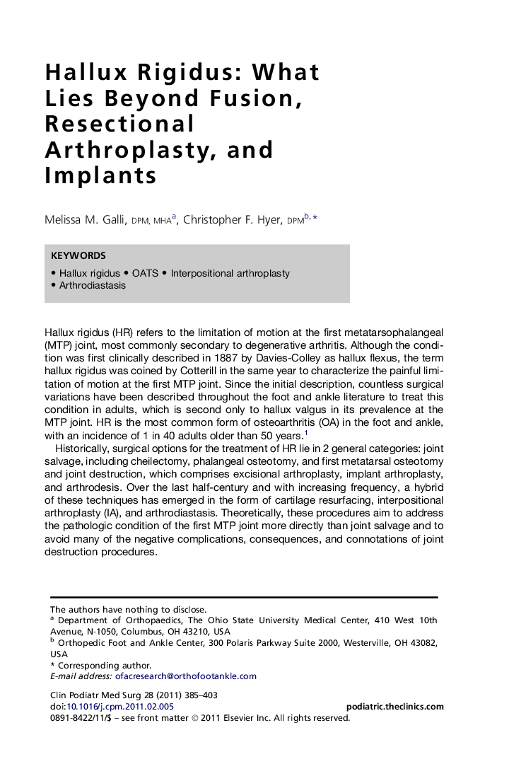 Hallux Rigidus: What Lies Beyond Fusion, Resectional Arthroplasty, and Implants