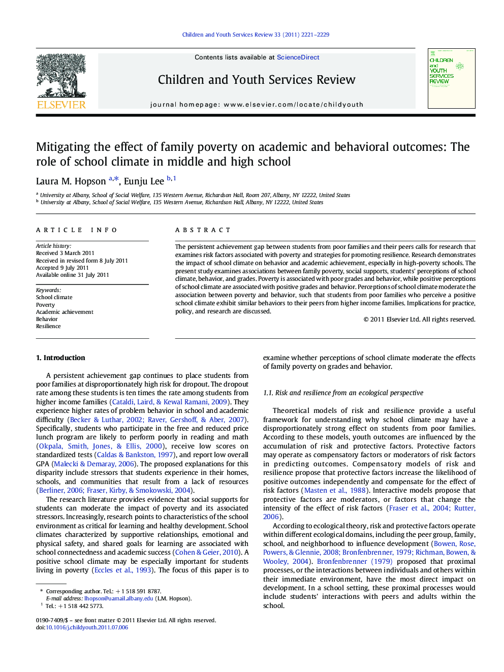 Mitigating the effect of family poverty on academic and behavioral outcomes: The role of school climate in middle and high school