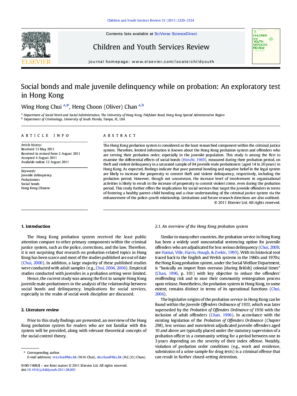 Social bonds and male juvenile delinquency while on probation: An exploratory test in Hong Kong