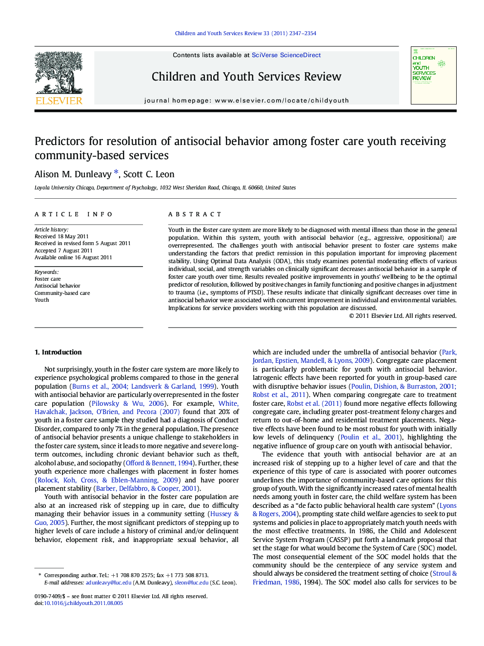 Predictors for resolution of antisocial behavior among foster care youth receiving community-based services