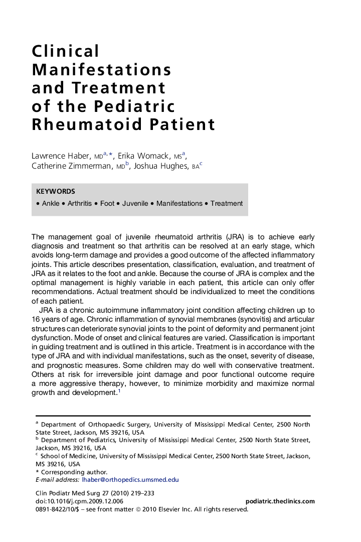 Clinical Manifestations and Treatment of the Pediatric Rheumatoid Patient